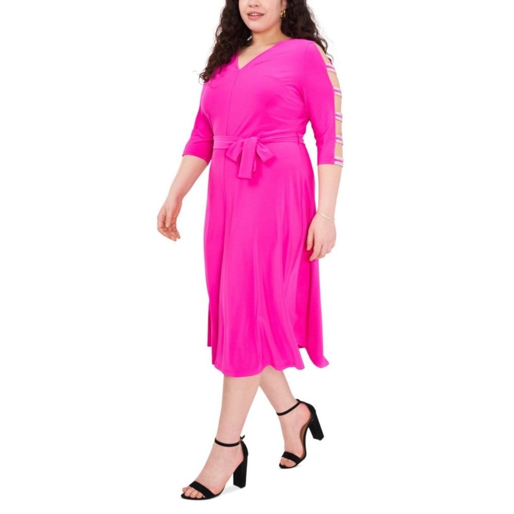 Msk Plus Size Ladder-Sleeve MIDI Fit & Flare Glitter Sleeves Dress Fuchsia 1X - Picture 2 of 3